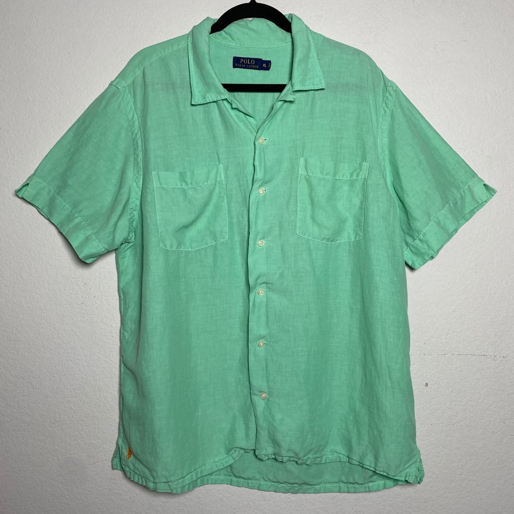 Polo Ralph Lauren Mens XL Mint Green Linen Silk‎ Short Sleeve Camp Button Shirt